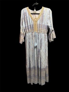 New Light Blue Paisley Boho Maxi Dress with Gold Trim Accents